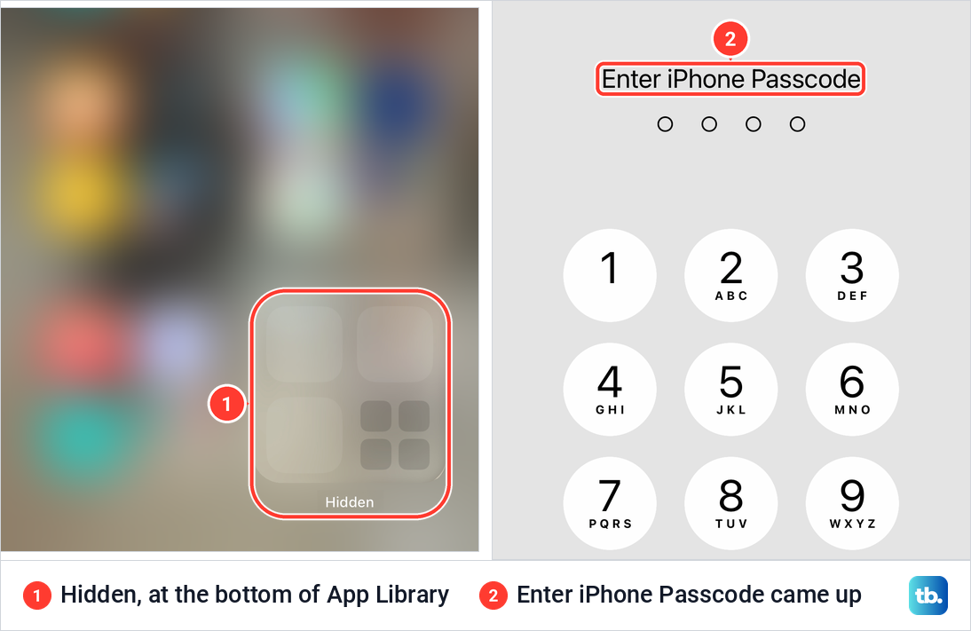 The Hidden folder at the bottom of iPhone App Library and the Enter iPhone Passcode keypad it opens.