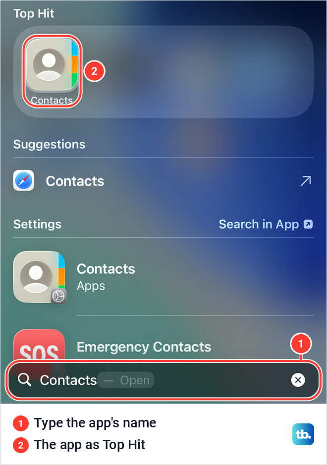 iPhone Home Screen Search with Contacts typed and the Contacts app shown as Top Hit.