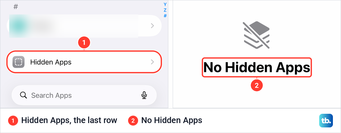 iPhone Settings Apps list ending with the Hidden Apps row, and the No Hidden Apps page.