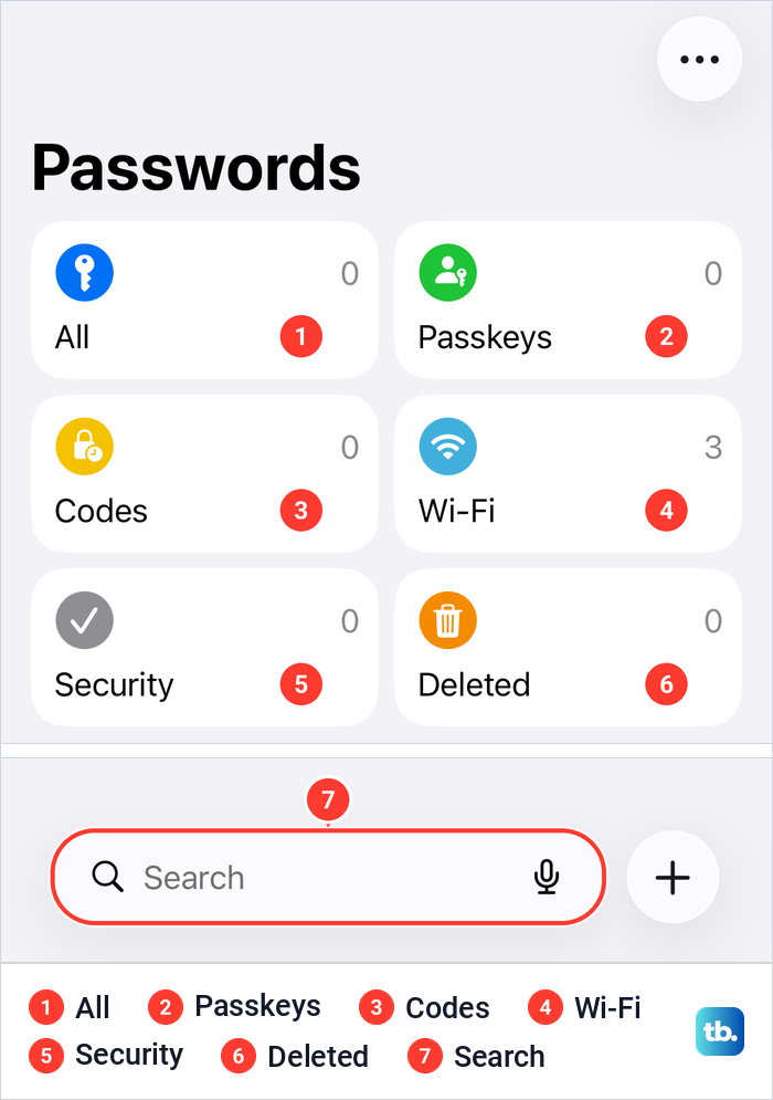 The iPhone Passwords app main screen with six category tiles and the Search field at the bottom.