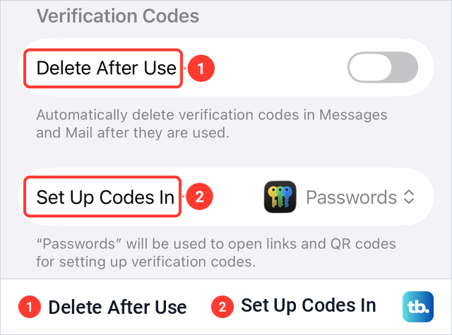 The Verification Codes settings on iPhone with Delete After Use switched off and Set Up Codes In set to Passwords.