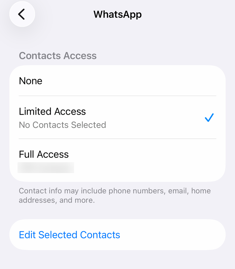 iPhone Contacts Access screen for WhatsApp with None, Limited Access and Full Access