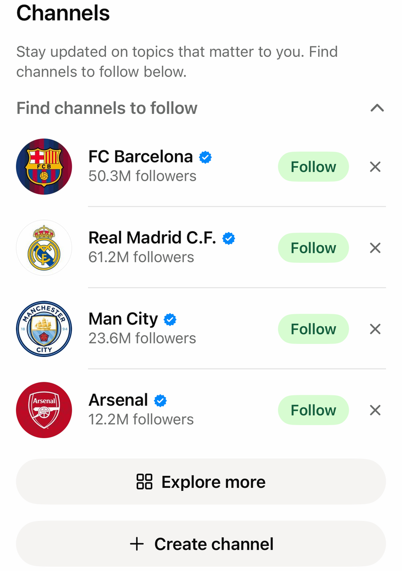 WhatsApp Channels section with Find channels to follow, Follow buttons and Explore more