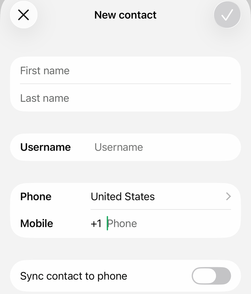 WhatsApp New contact form on iPhone with First name, Last name, Username and Phone