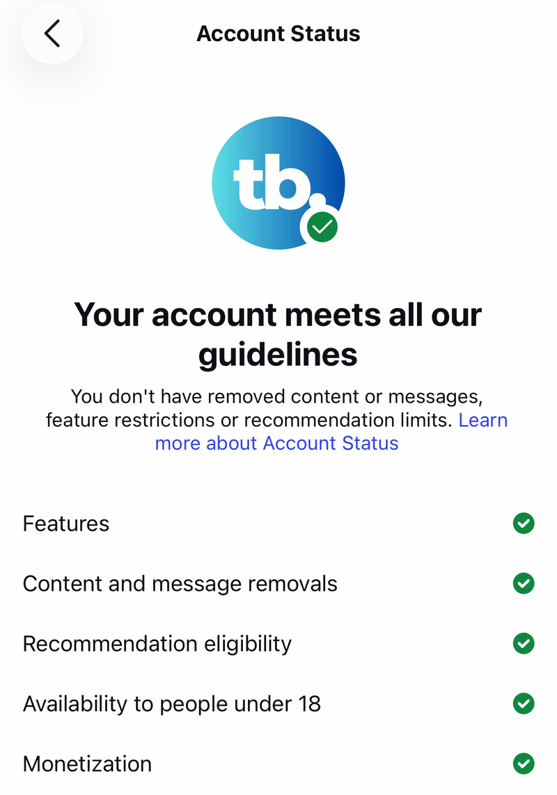 Instagram Account Status screen showing the account meets guidelines with five checked areas