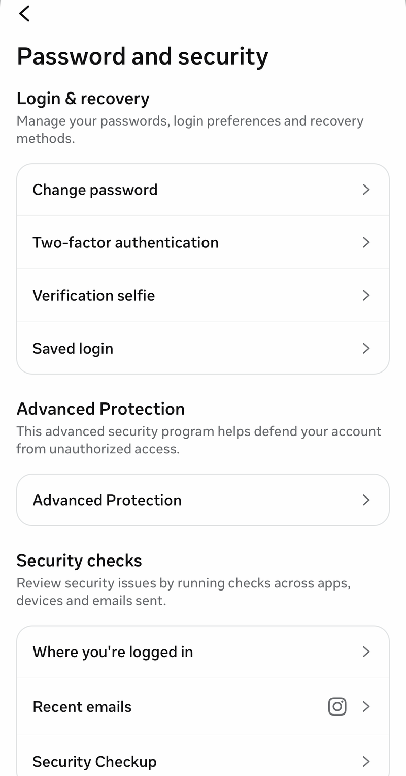 Instagram Password and security screen with Change password, Two-factor authentication and Saved login