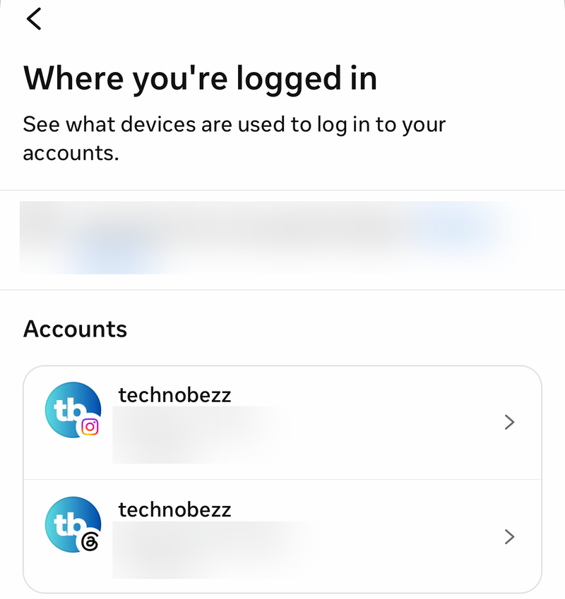 Instagram Where you're logged in screen with two Technobezz accounts and blurred device details