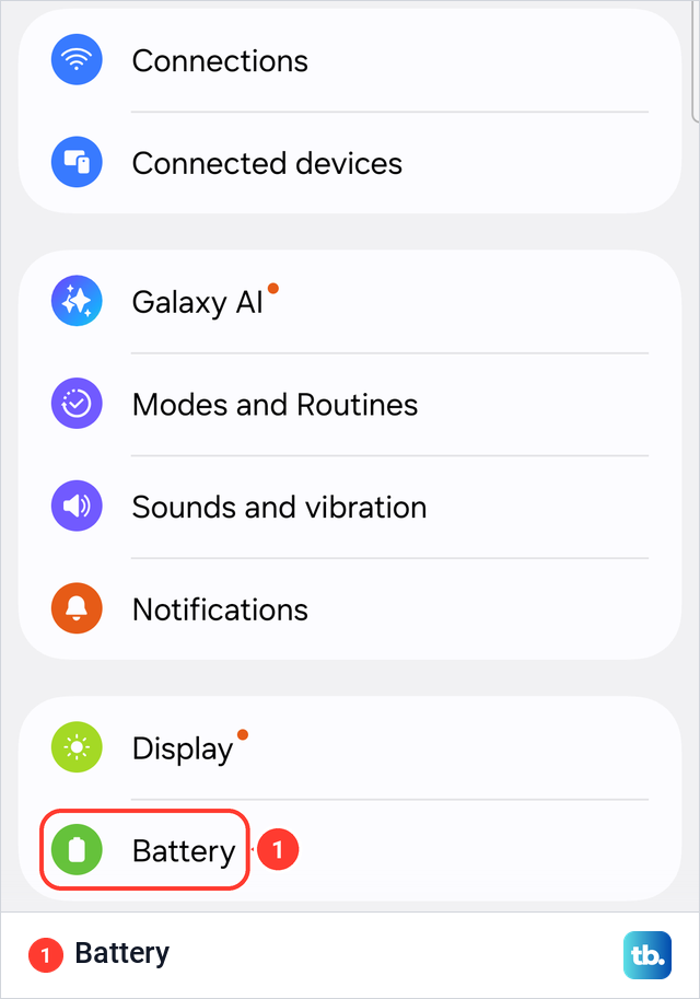 Samsung Galaxy Settings list with Connections, Display and the Battery row highlighted.