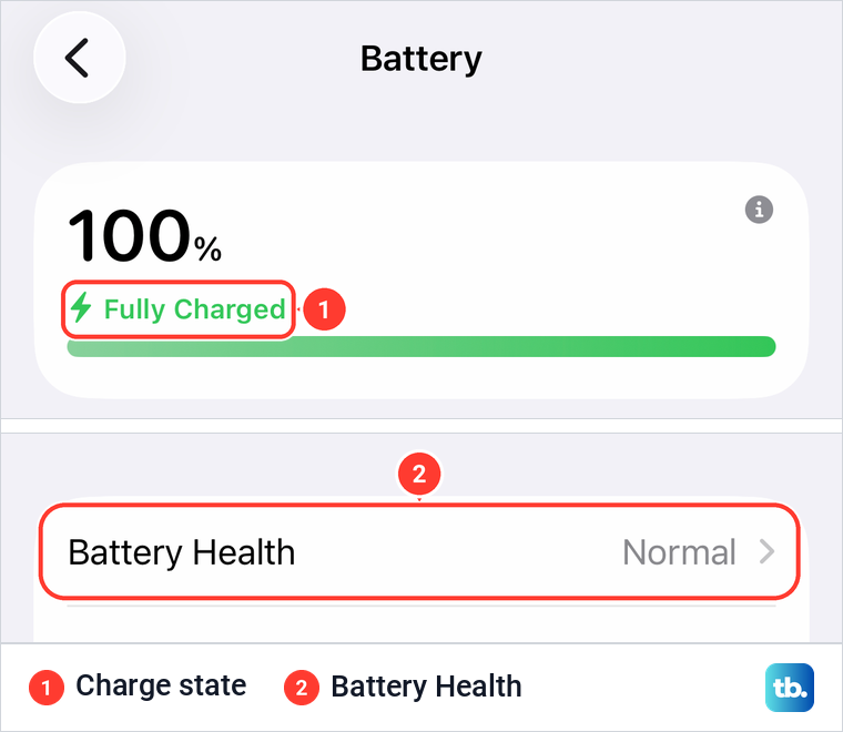 iPhone Battery settings showing 100 percent, Fully Charged and Battery Health reading Normal.