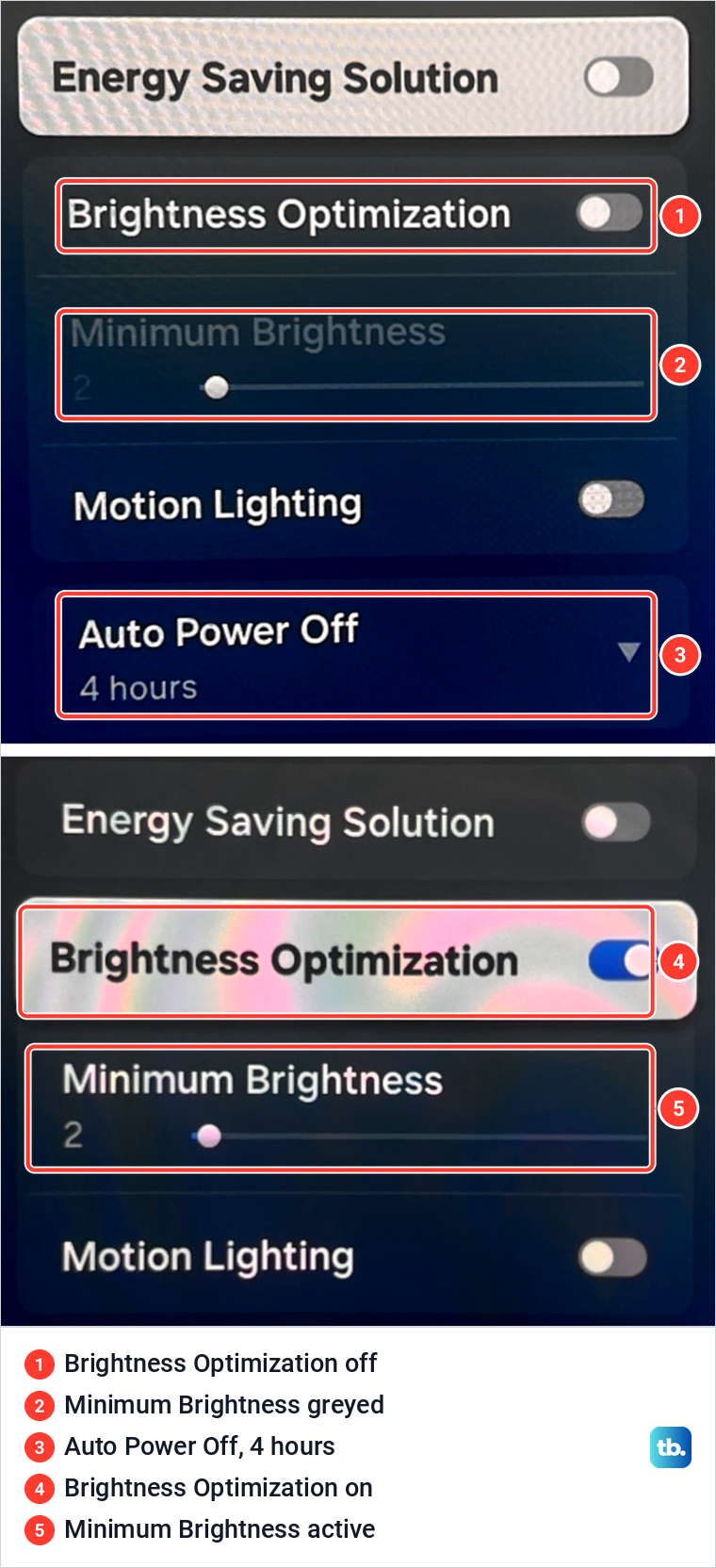 Samsung Power and Energy Saving menu before and after Brightness Optimization was switched on.