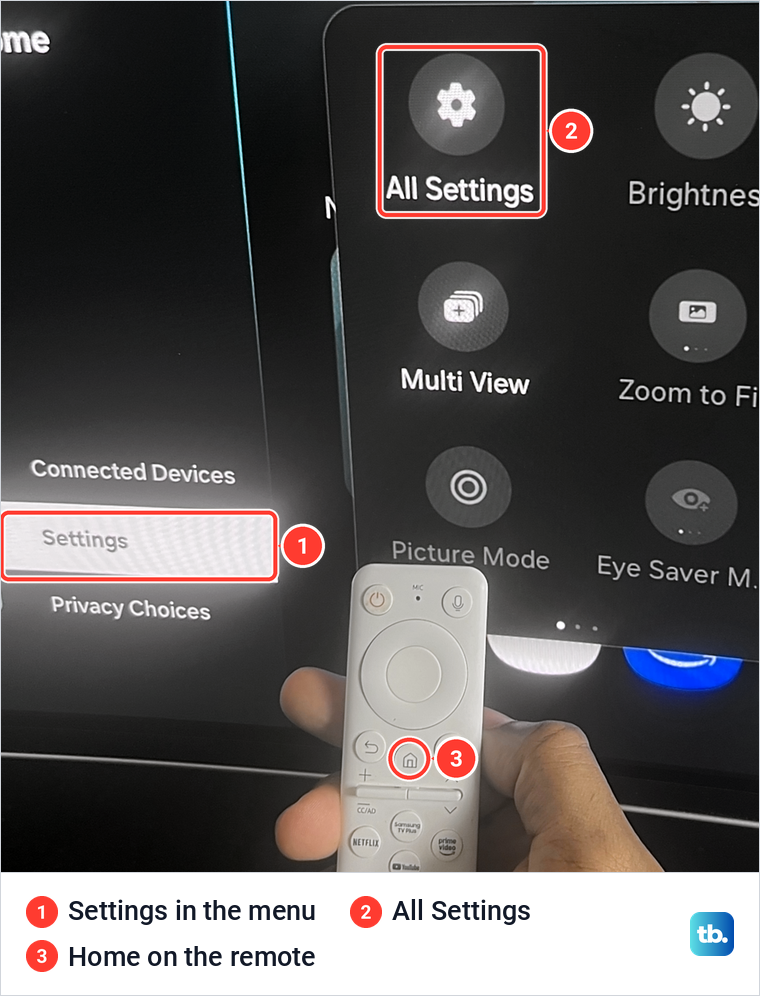 Samsung Smart Hub menu and quick settings panel on screen, with a hand holding the remote below.