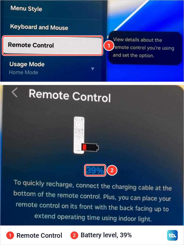 Samsung General and Privacy menu with Remote Control highlighted, above the Remote Control page showing 39 percent battery.