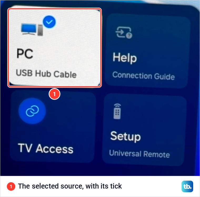 Samsung source list with four tiles and the PC tile ticked as the selected source.