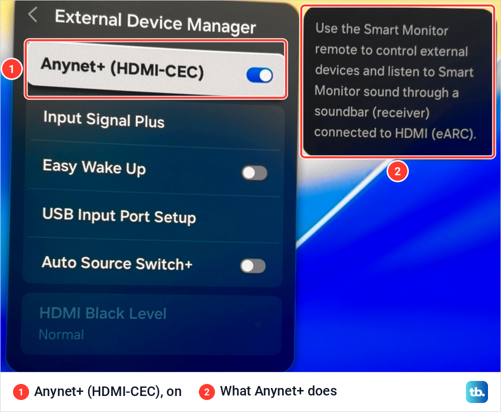 External Device Manager on a Samsung smart monitor with Anynet+ HDMI-CEC highlighted and switched on, beside its description.