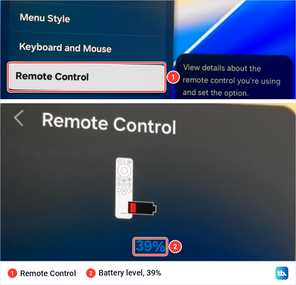 Samsung smart monitor settings showing the Remote Control row and a remote battery page reading 39 percent.