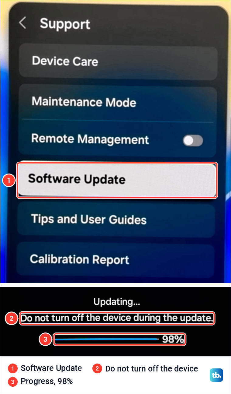 Samsung Support menu with Software Update highlighted, above an update screen warning not to turn off the device at 98 percent.