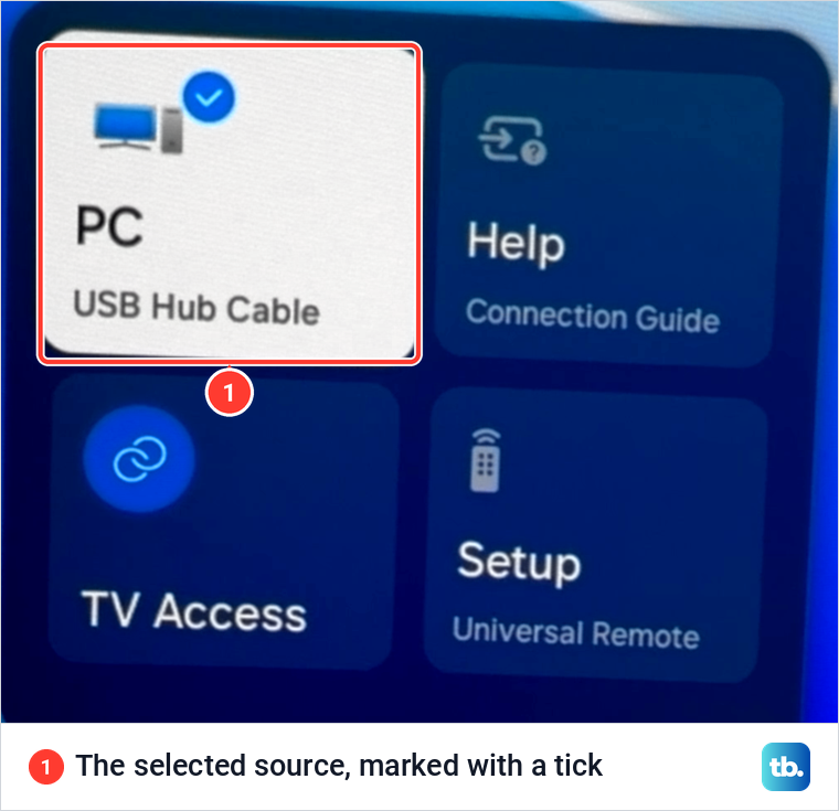 Samsung smart monitor source panel with the PC tile selected and marked by a blue tick.
