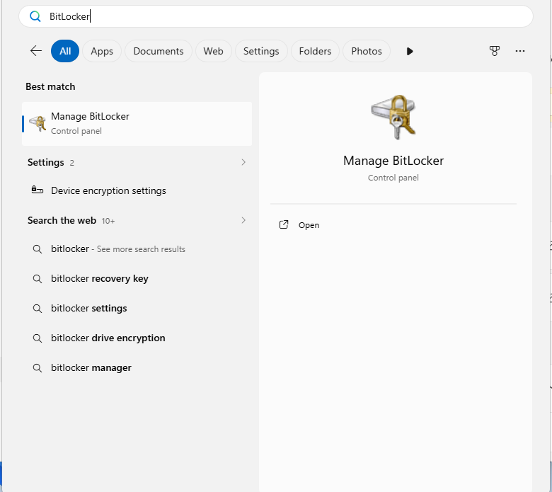 Windows 11 Start search for BitLocker with Manage BitLocker Control panel as the best match