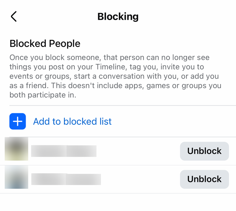 Facebook Blocking screen with Add to blocked list and blocked people with Unblock buttons, names blurred
