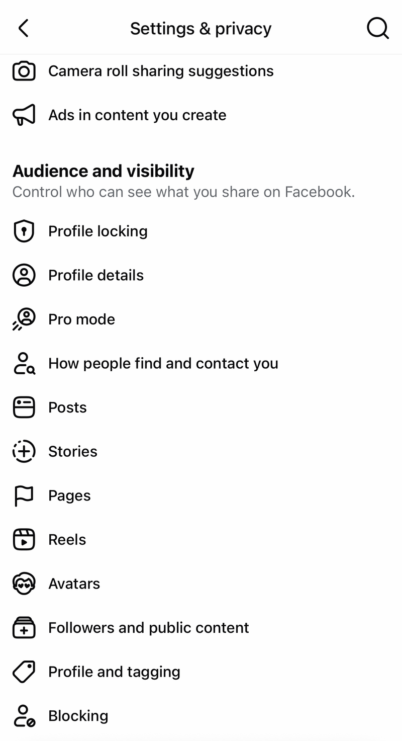 Facebook Settings & privacy Audience and visibility list with How people find and contact you and Blocking