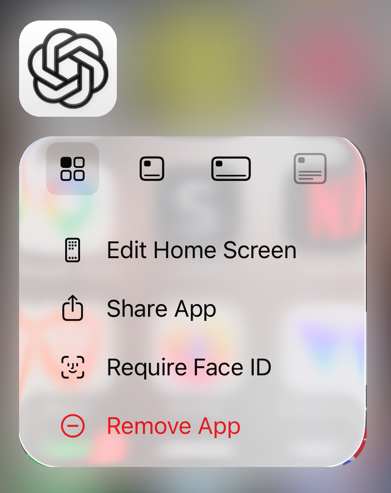 ChatGPT app icon menu on iPhone with Edit Home Screen, Share App, Require Face ID and Remove App