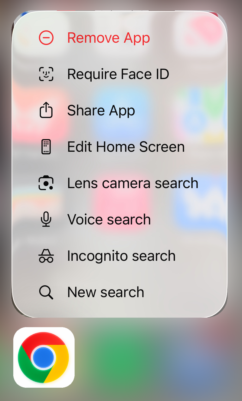 Chrome app icon menu on iPhone with Remove App, Lens camera search and Voice search