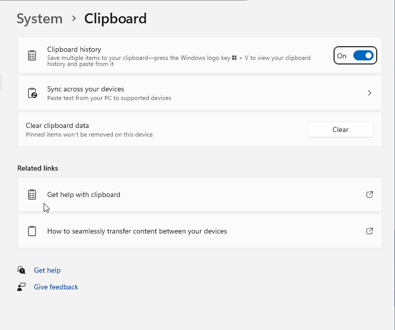 Windows 11 Settings Clipboard page with Clipboard history On, Sync across your devices and Clear clipboard data