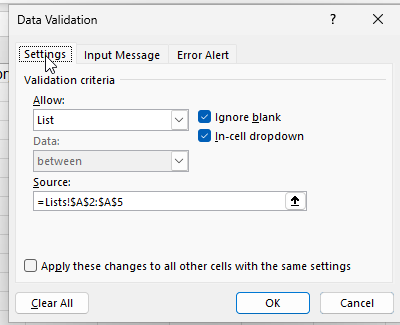 Excel Data Validation dialog Settings tab with the Clear All button at the bottom left