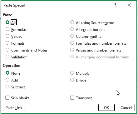 Excel Paste Special dialog with All, Formulas, Values, Formats, Comments and Notes and Validation options