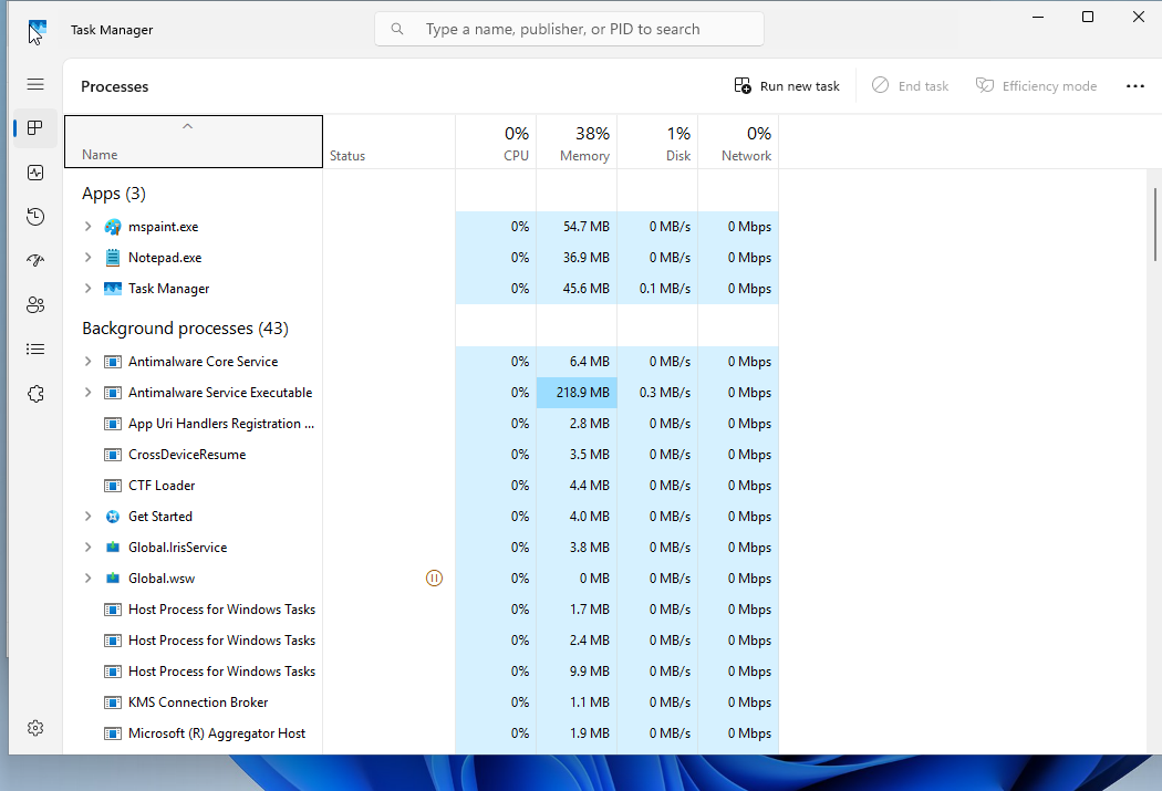 Windows 11 Task Manager Processes page with Run new task, End task and Efficiency mode buttons