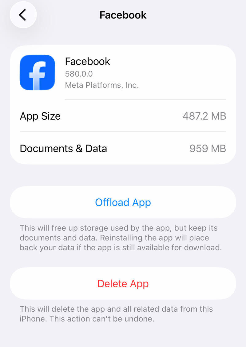 iPhone Storage page for Facebook with App Size, Documents and Data, Offload App and Delete App