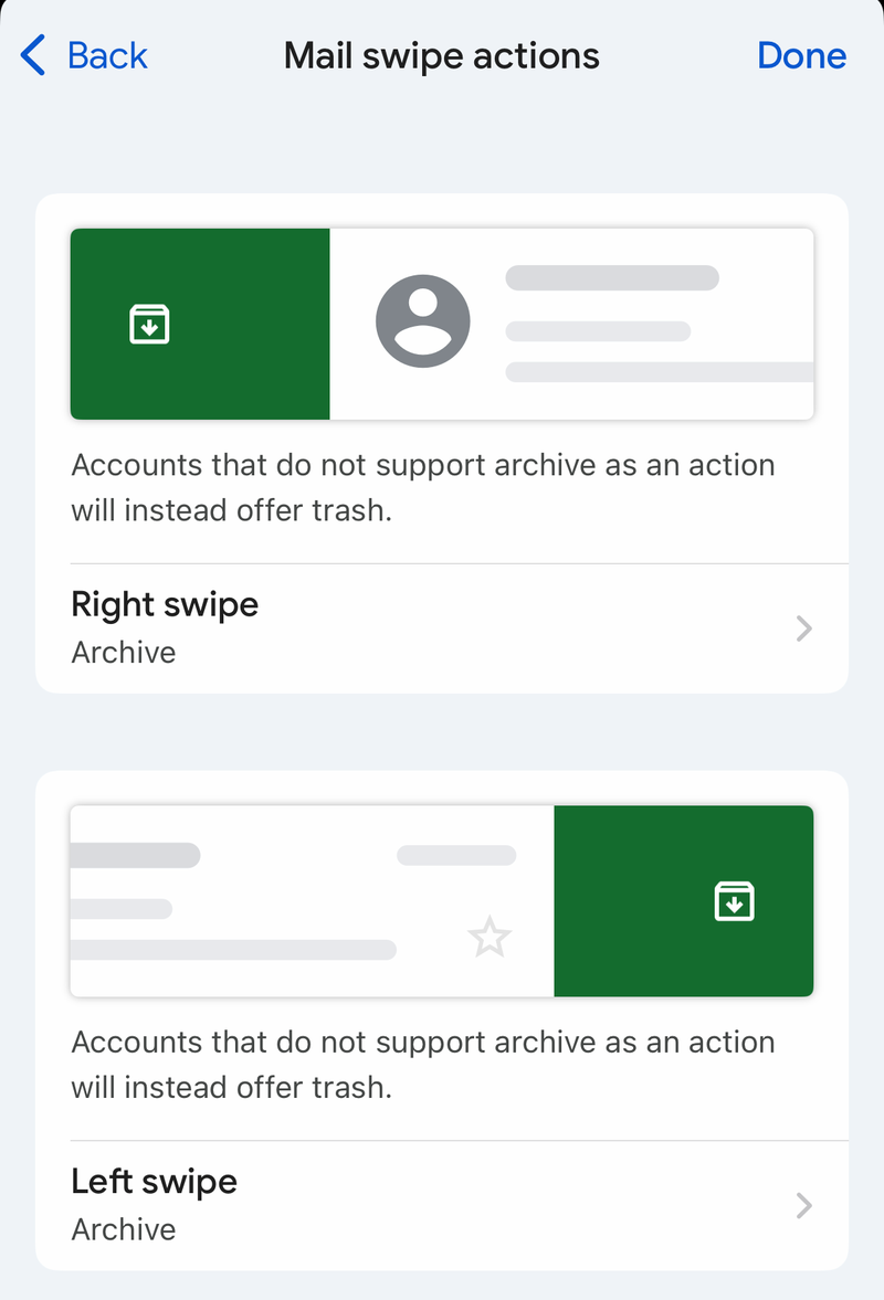 Gmail Mail swipe actions screen with Right swipe and Left swipe both set to Archive