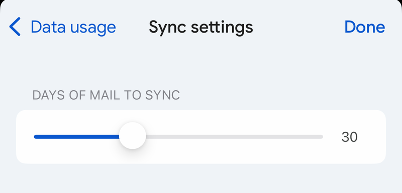 Gmail Sync settings screen with a Days of mail to sync slider set to 30