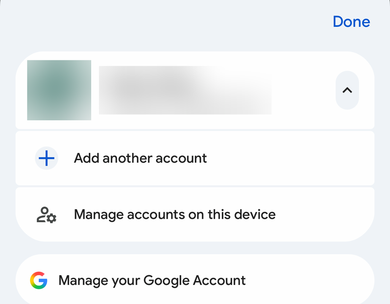 Gmail account sheet on iPhone with Add another account and Manage accounts on this device
