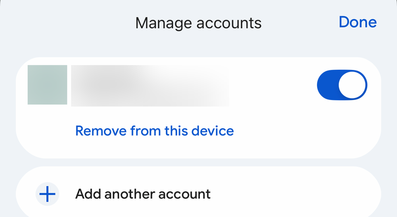Gmail Manage accounts screen on iPhone with an account switch and Remove from this device