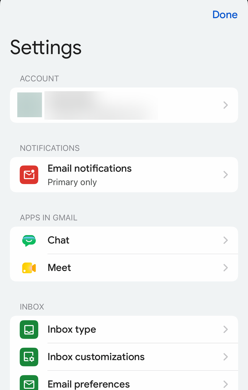 Gmail Settings screen on iPhone with Email notifications, Chat, Meet and Inbox customizations