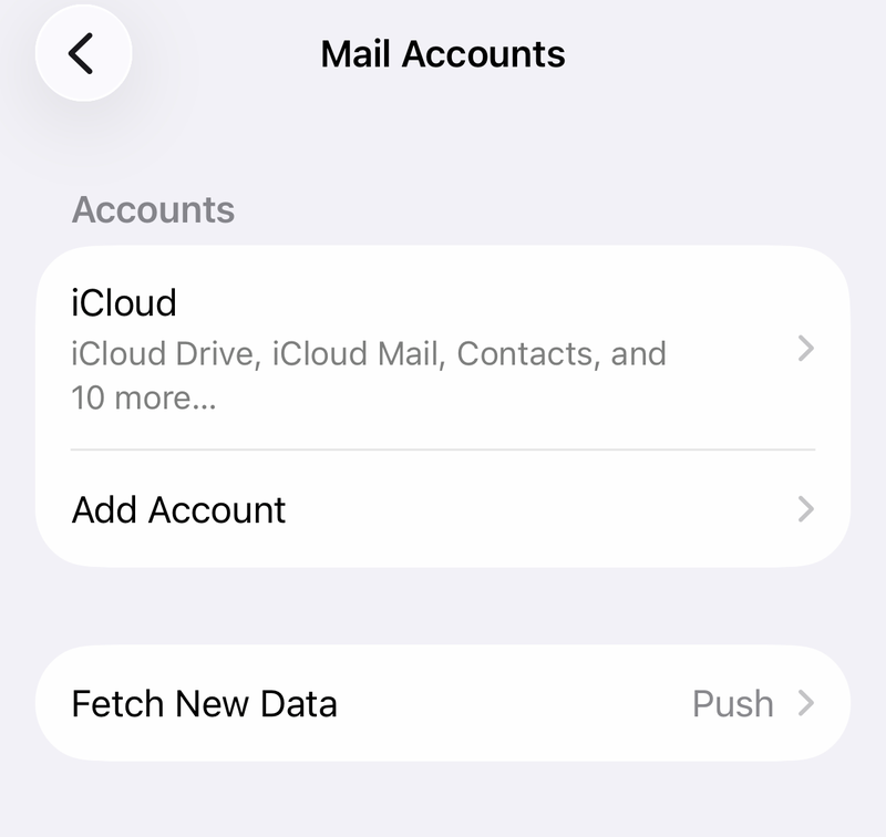 iPhone Mail Accounts screen with an iCloud account, Add Account and Fetch New Data