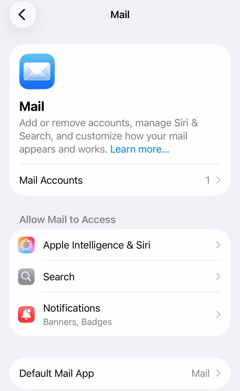 iPhone Mail settings with Mail Accounts, notifications and Default Mail App set to Mail