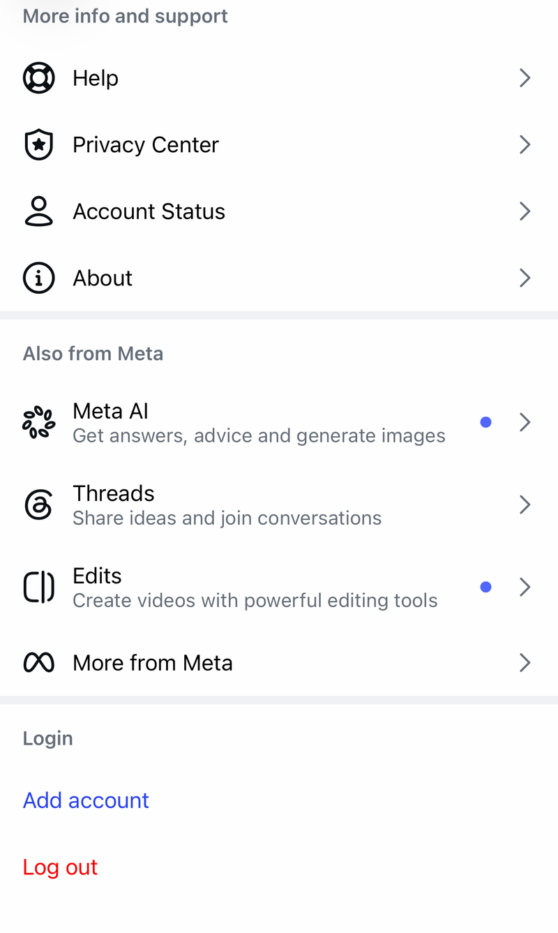 Instagram Settings and activity with Help, Privacy Center, Account Status, About and Log out