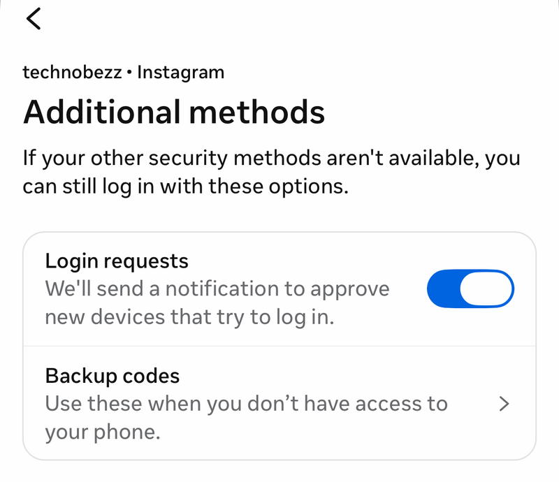 Instagram Additional methods screen with the Login requests switch and Backup codes
