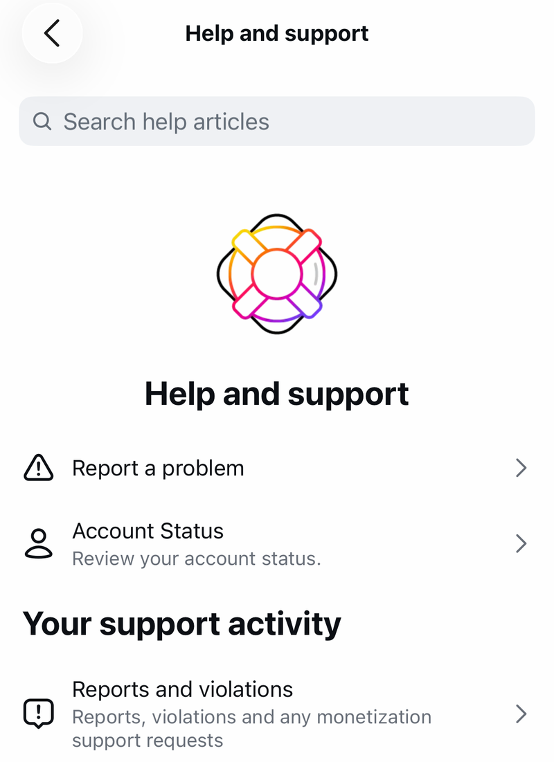 Instagram Help and support screen with Report a problem, Account Status and Reports and violations