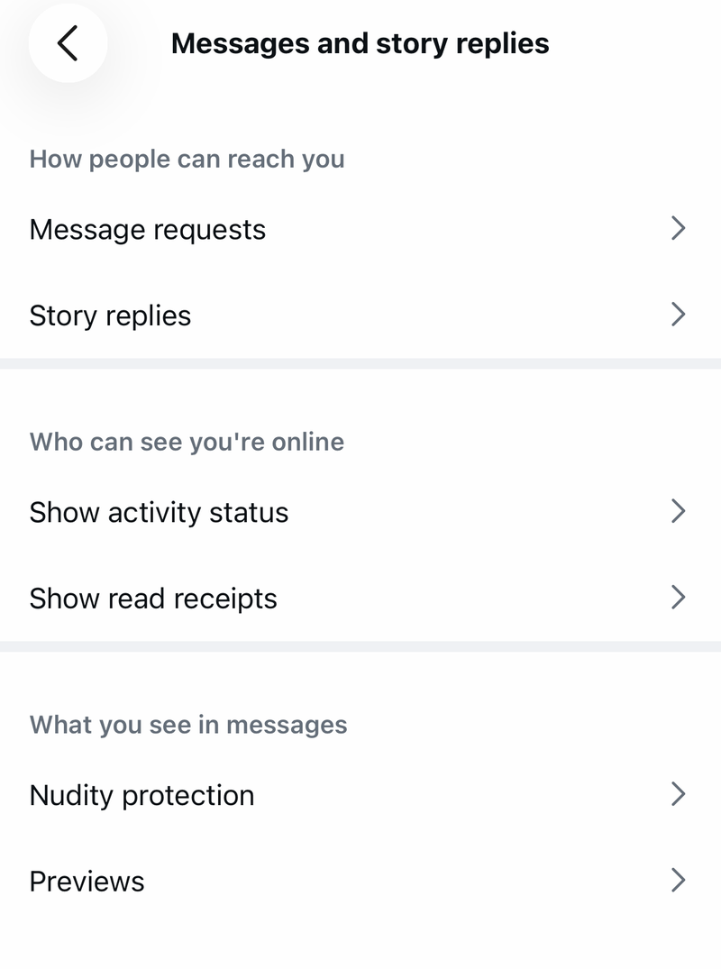 Instagram Messages and story replies screen with Message requests, Story replies and Show activity status