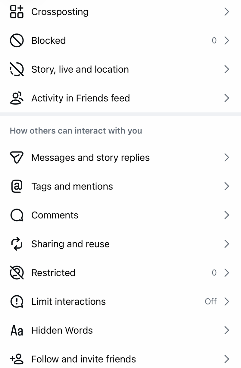 Instagram Settings and activity list with Blocked showing 0 and Messages and story replies