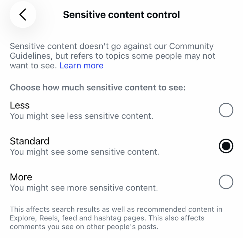 Instagram Sensitive content control screen with Less, Standard selected and More