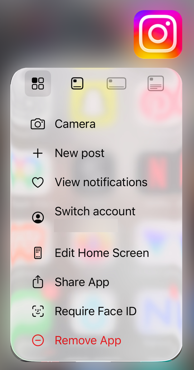 Instagram app icon menu on iPhone with Camera, New post, Switch account and Remove App