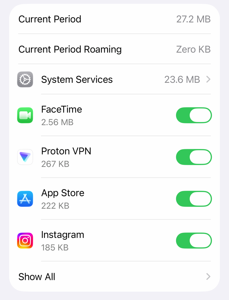 iPhone Cellular settings with app data switches for FaceTime, App Store and Instagram and a Show All row