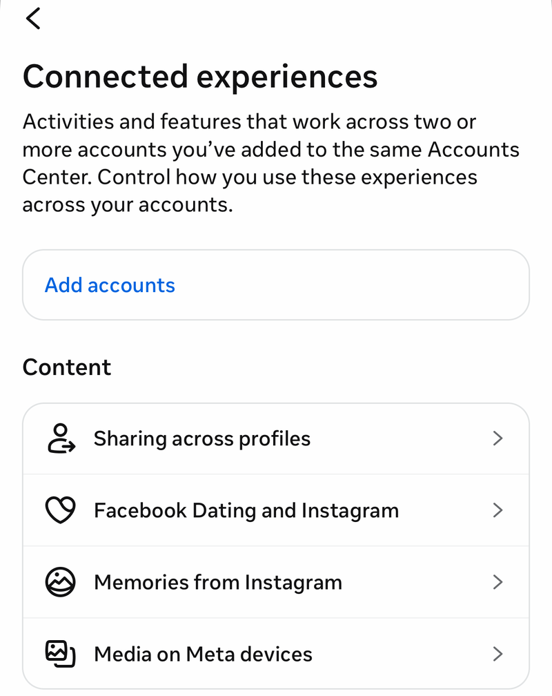 Instagram Connected experiences screen with Sharing across profiles and Facebook Dating and Instagram