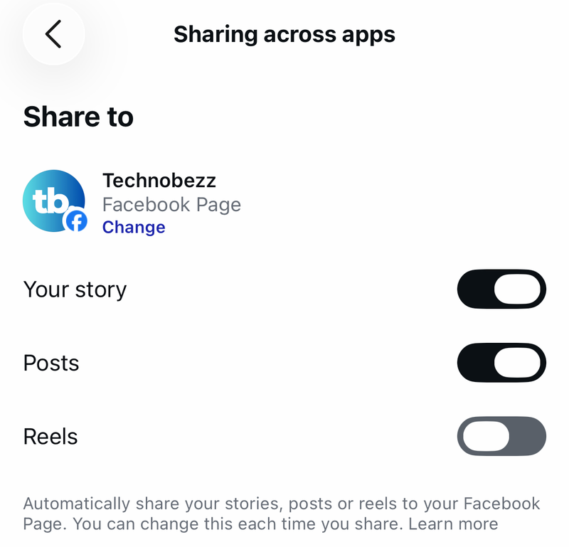 Instagram Sharing across apps screen with a Facebook Page under Share to and story, post and reel switches
