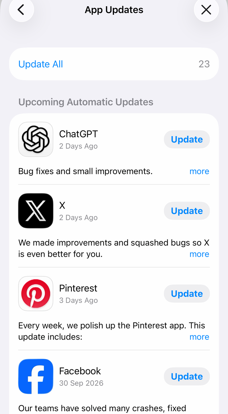 App Store App Updates screen with Update All and apps listed with Update buttons