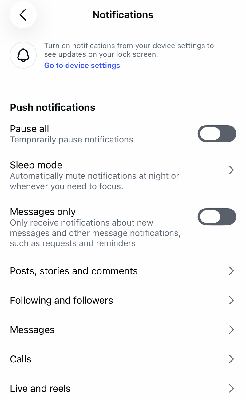 Instagram Notifications settings with Pause all, Messages, Calls and Live and reels